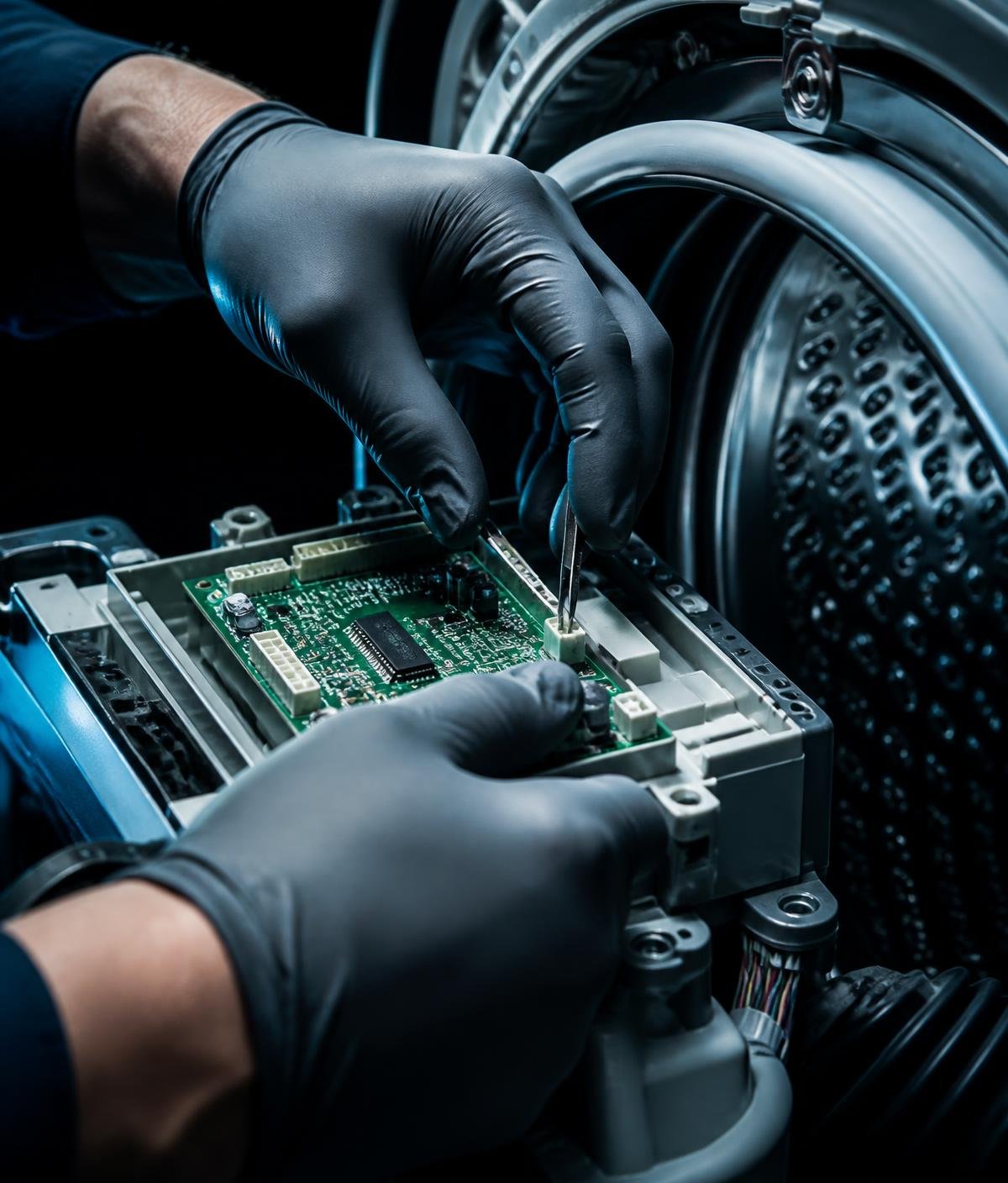 Detalle de reparación electrónica de una placa de lavarropas por un técnico de ServicTecnic